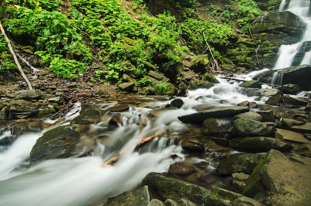 Río de montaña Shipot que fluye rápido cascada corriente de agua en las rocas