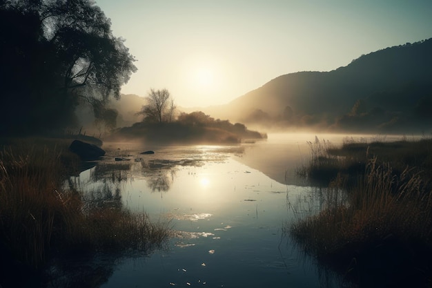 Un río con montañas al fondo.