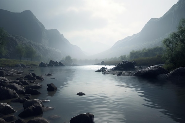 Un río con montañas al fondo.