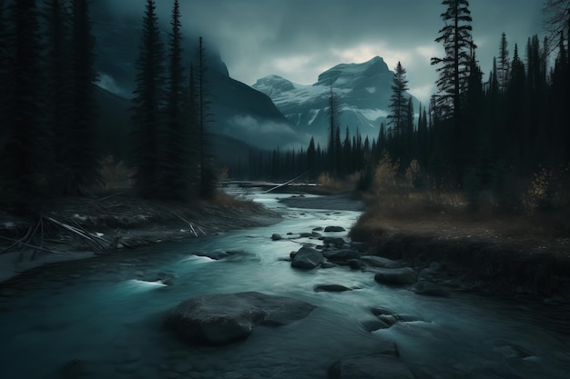 Un río en las montañas con un cielo oscuro y una montaña al fondo.