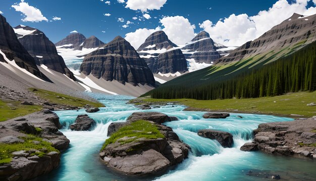 Foto un río con montañas cubiertas de nieve en el fondo