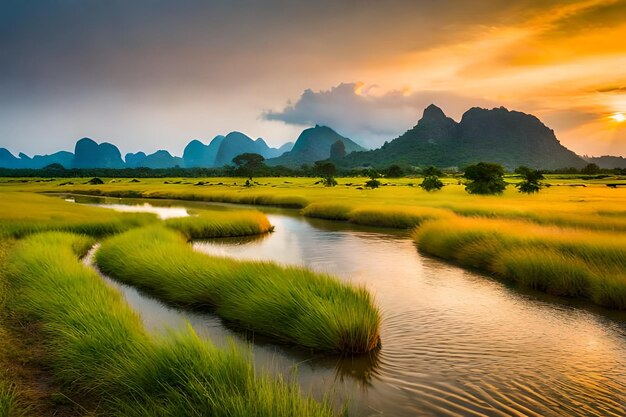 un río con montañas en el fondo y una puesta de sol en el fondo