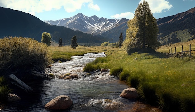 Un río en las montañas con una montaña al fondo.