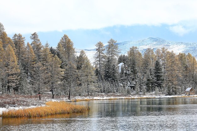 Río y montañas nieve estacional, fondo de paisaje, vista panorámica