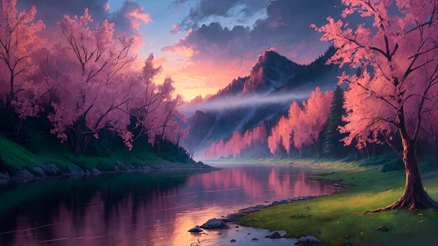 Un río en las montañas con una puesta de sol y un árbol en primer plano