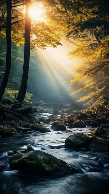 rio na floresta à manhã paisagem de fundo