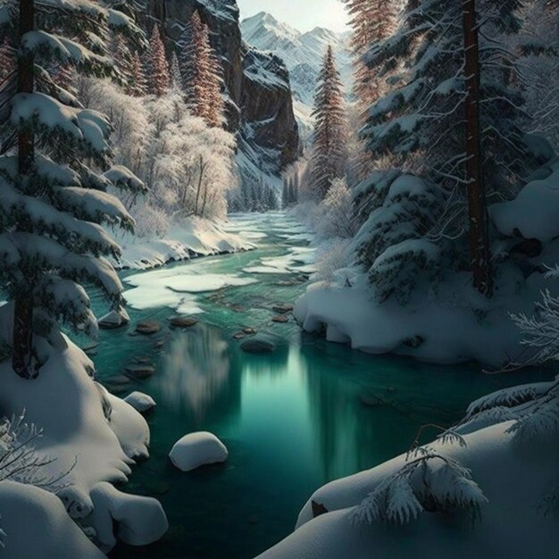 río nevado en las montañas con árboles y rocas cubiertas de nieve generativo ai