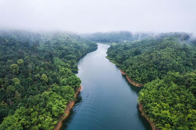 Rio nevoento e barco navegando na floresta tropical do ecossistema de abundância pela manhã