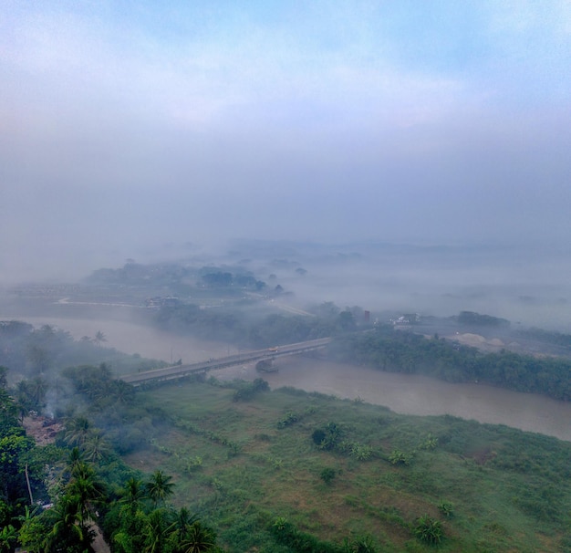 Un río de niebla en medio de un campo de hierba verde Foto