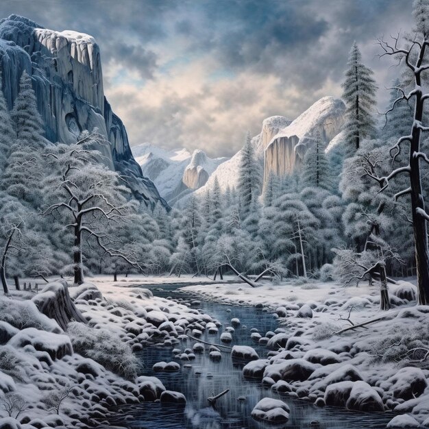 un río con nieve en la parte superior y una cascada en el fondo