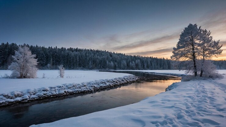 un río con nieve en el suelo y árboles al fondo