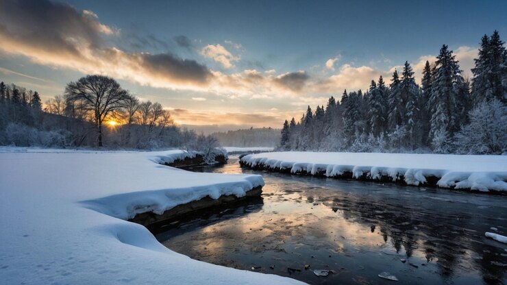 un río con nieve en el suelo y árboles al fondo