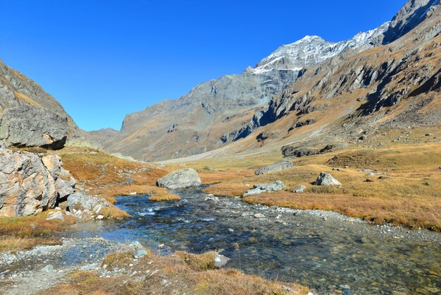 Rio no vale alpino e vista na montanha rochosa sob o lindo céu claro