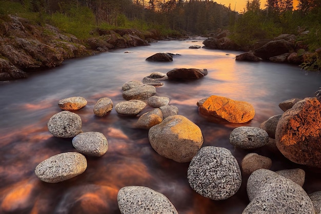 Río oscuro de la montaña rocosa que fluye a través del valle del desierto