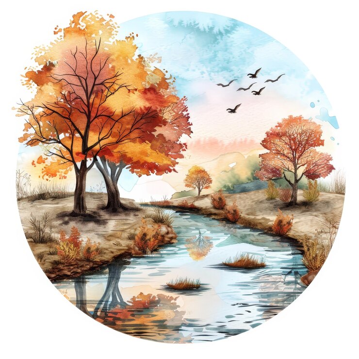 El río de otoño sereno acuarela Clipart Elemento de paisaje tranquilo en fondo blanco