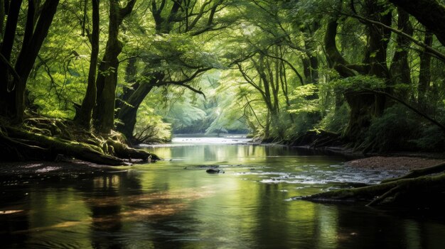 Río pacífico y árboles en un entorno verde