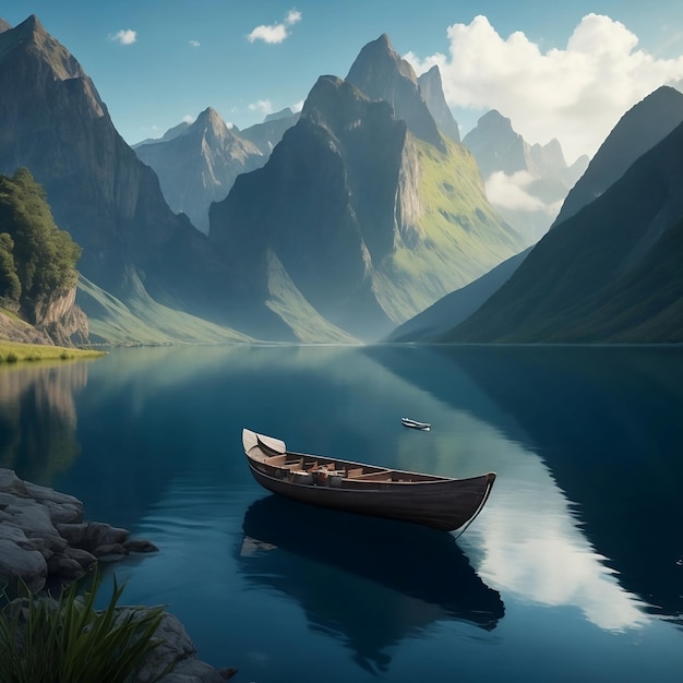 Un río pacífico con un pequeño barco a la deriva a lo largo de la superficie rodeado por una majestuosa montaña corría