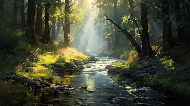 Un río pacífico que fluye suavemente a través de un bosque tranquilo bañado por el sol una vía fluvial tranquila un bosque soleado un flujo sereno generado por la IA