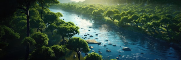 Foto un río pacífico que serpentea a través de un bosque exuberante