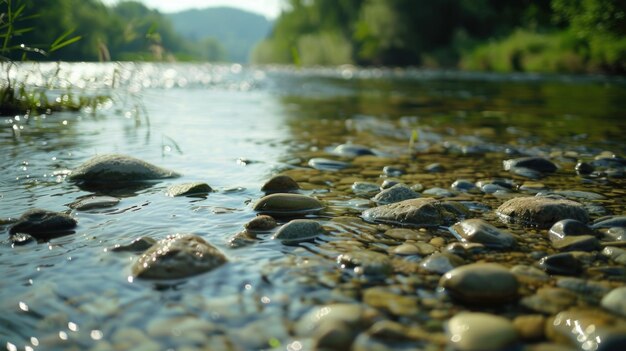 Foto río pacífico con rocas y hierba ideal para conceptos de naturaleza