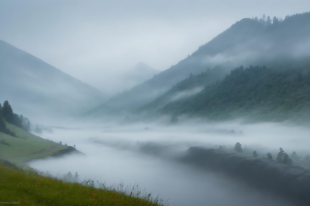 Río en el paisaje de montañas de niebla