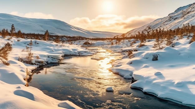 un río en un paisaje nevado