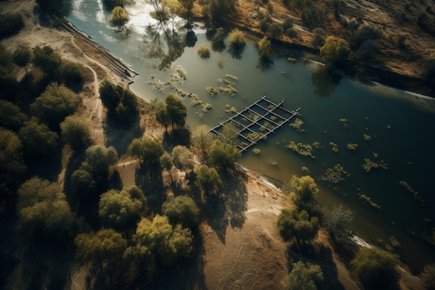 Un río con una pequeña estructura en él.