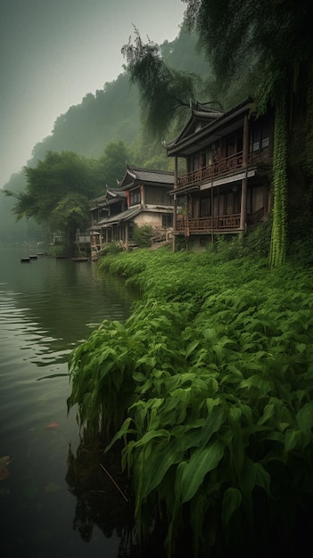 Un río con una planta verde frente a él.