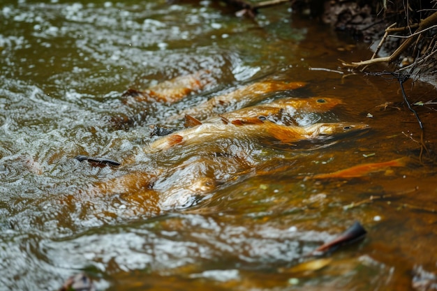 Rio poluído a água é marrom e turva e há peixes mortos flutuando na superfície