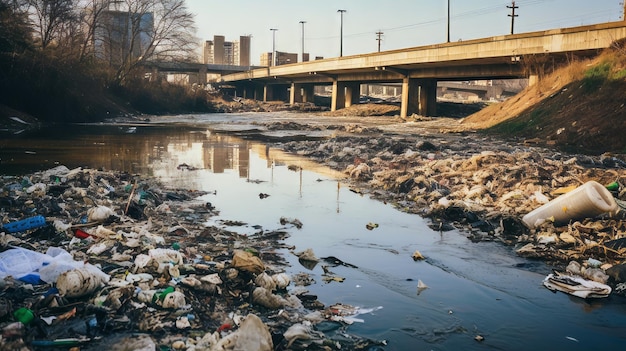 Rio poluído com lixo e detritos