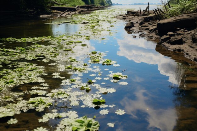 Rio poluído com vegetação costeira sobrecoberta devido à contaminação por águas residuais