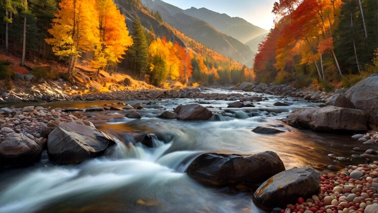 Un río prístino que serpentea a través de un escarpado paisaje montañoso durante el otoño