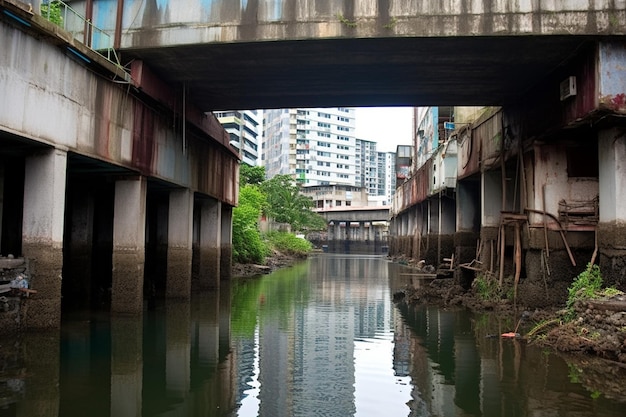 Un río con un puente al fondo.