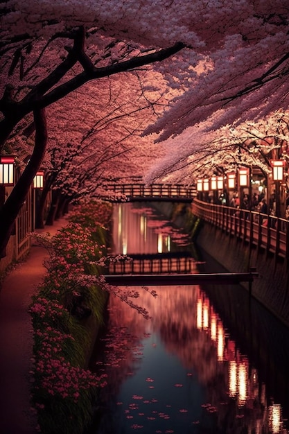 Un río con un puente y flores de cerezo.