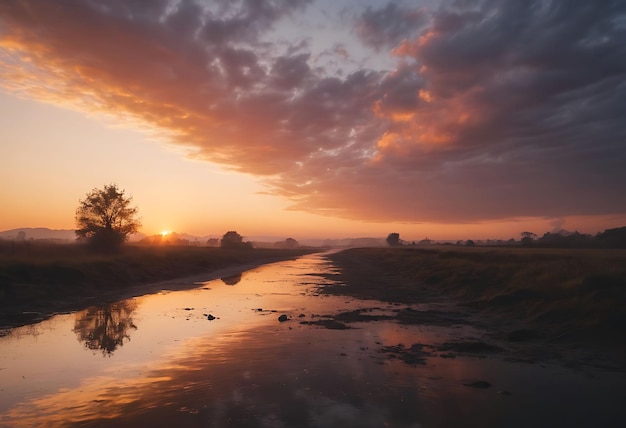 un río con una puesta de sol en el fondo