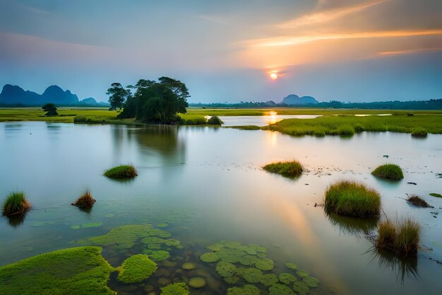 Foto un río con una puesta de sol en el fondo