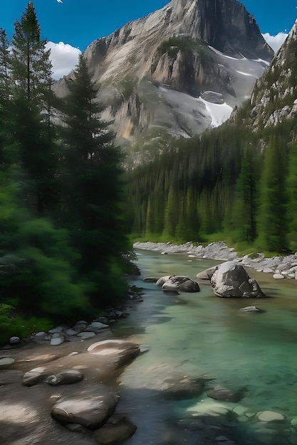 Un río que atraviesa un bosque y una montaña.