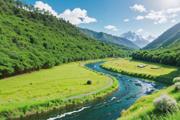 un río que atraviesa un exuberante campo verde