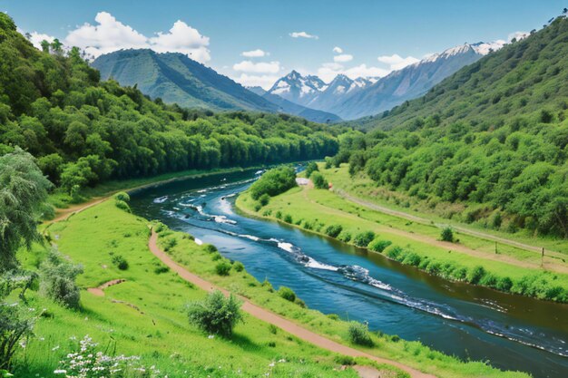 un río que atraviesa un exuberante campo verde