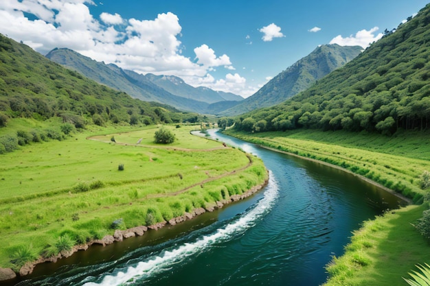 un río que atraviesa un exuberante campo verde