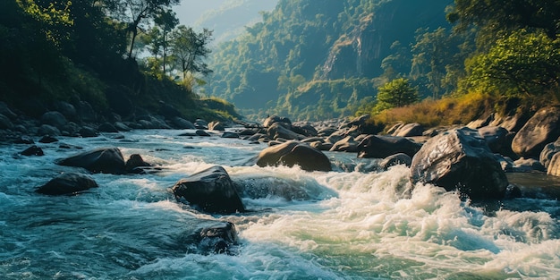 Foto un río que atraviesa una zona rocosa.
