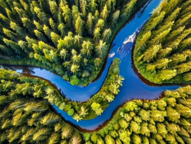 un río que corre a través de un bosque con árboles y un río azul