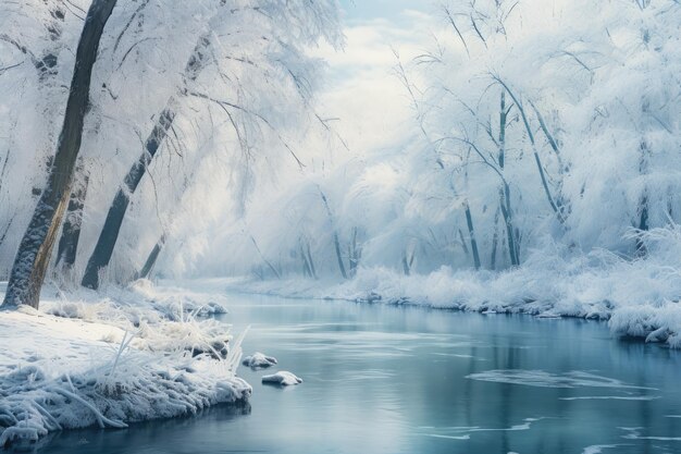 un río que corre a través de un bosque cubierto de nieve