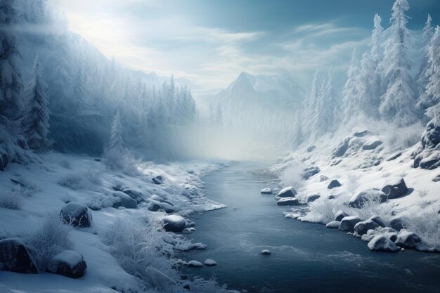 un río que corre a través de un bosque cubierto de nieve