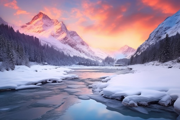 un río que corre a través de un bosque cubierto de nieve