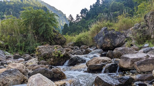 Foto rio que flui em uma área de aldeia no nepal