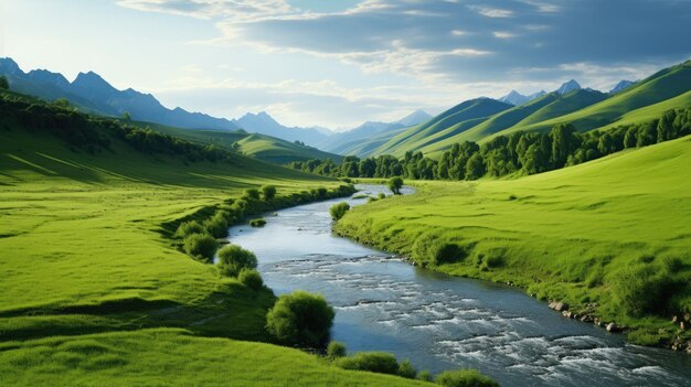 Un río que fluye entre colinas verdes fotorrealista HD 4K