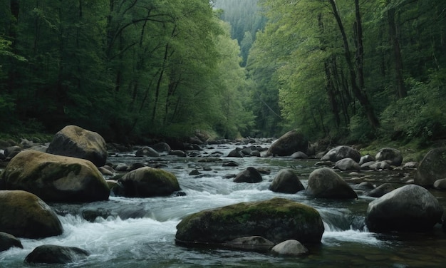 un río que fluye a través de un bosque adornado con rocas esparcidas
