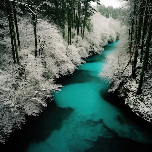 Un río con un río azul en medio cubierto de nieve.