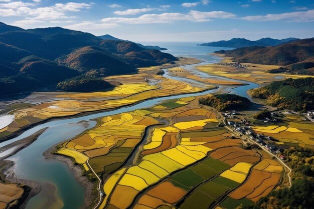 Foto un río con un río y montañas en el fondo